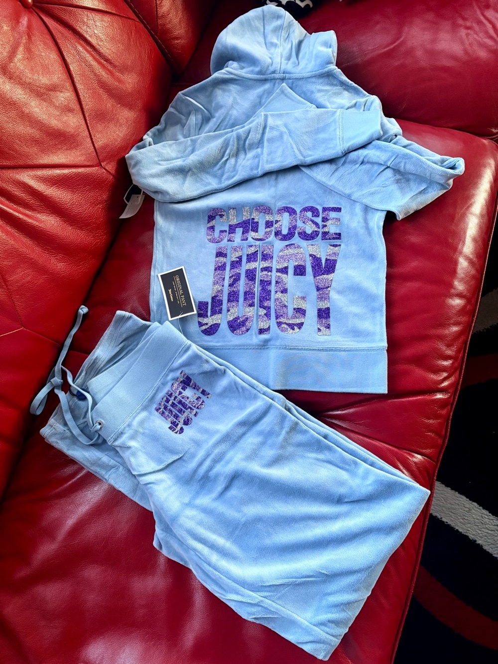 NWT Y2K vintage blue velour HOODIE track suit Size S with purple rhinestone
